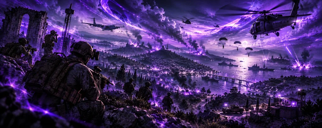 Wide night battle over a coastal valley with troops in the foreground, ships in the harbor, and aircraft under purple-lit clouds.