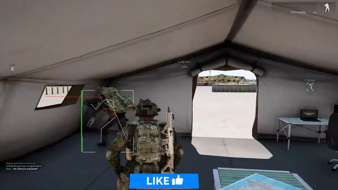 Arma Reforger third-person view inside a tent with player skeleton lines, name tags, and distance labels on nearby infantry.