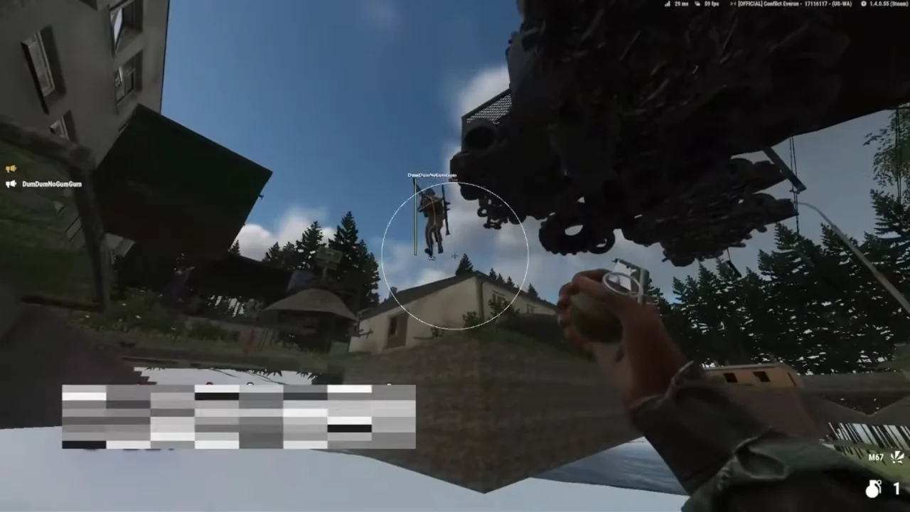 Arma Reforger first-person view holding a grenade with a circular FOV overlay and a distant player name tag in the sky.