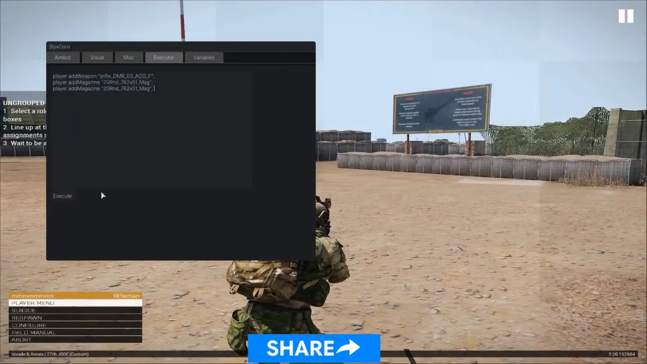 Arma Reforger third-person view on a training field with an on-screen settings menu open over the game world.